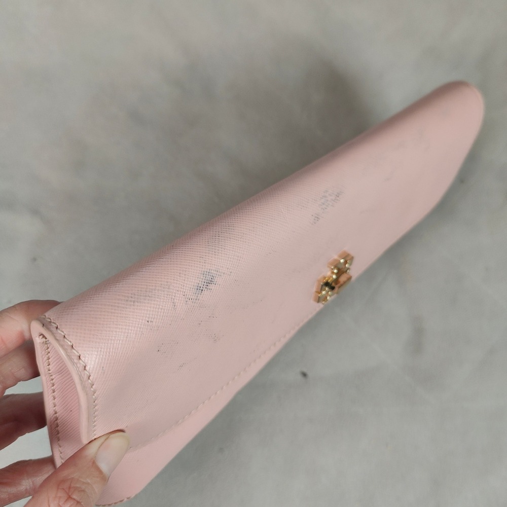Tory Burch Leather Slim Diana Flap Clutch Blush Pink Saffiano Preppy FLAWS - Picture 6 of 12